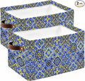 Vintage Boho Storage Bins Cubes Waterproof Cloth Storage Basket,Middle Century Bohemia Style Patchwork Blue Foldable Storage Bags for Shelf Clothes Storages Organizers with Handles 15x11x9.5 in 2PCS