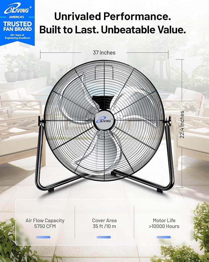 iLIVING 20 Inch Heavy Duty Floor & Wall Mount Fan - 5750 CFM High Velocity, 120-Watt, 3-Speed, Industrial Cooling for Garage, Workshop, Office, Home - UL Listed, Black