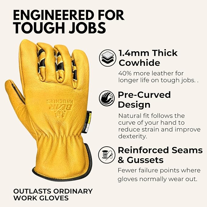 Bear Knuckles HD361 Heavy-Duty Cowhide Leather Work Gloves for Men – 1.4mm Thick, A4 Cut-Resistant, Ergonomic Pre-Curved Fit, Waterproof Construction & Ranch Gloves (Medium)