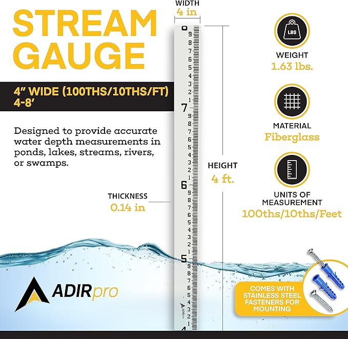 AdirPro 4" Wide Stream Gauge - Heavy Duty Gauge - All Weather Guage (100ths/10ths/feet) (4-8')