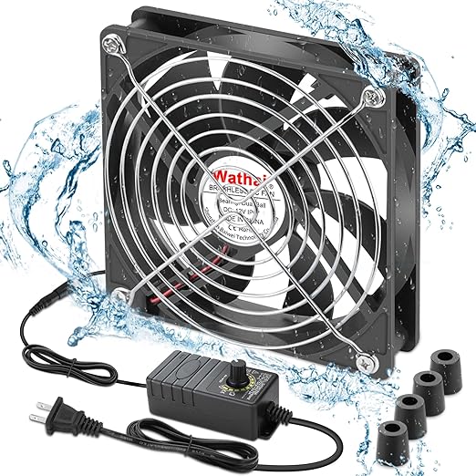 Wathai 120mm x 25mm Waterproof Small Box Fan IP67 12V Computer Fan with AC Plug Speed Controller 110v 120v 220v 240v for Biltong Box, Grow Tent, Terrarium, Aquarium, Greenhouse Cooling