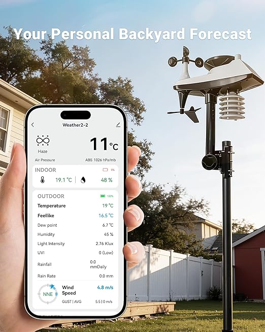 Wireless Weather Station Indoor Outdoor with WiFi Rain Sensor, Smart Weather Monitor with Temperature Humidity Monitoring, Remote App Control for Home Garden Patio