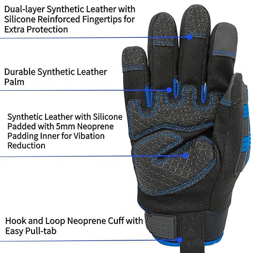 Heavy Duty Work Gloves,Utility Mechanic TPR Impact Protection and Vibration Safety Glove,Impact Protection,Small,Blue+Black