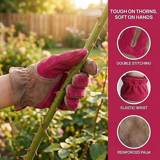 Leather Work Gloves for Women with Cotton Lining, Thorn Proof Gardening Gloves for TIG/MIG Welding, Construction (Rose Red, X-Small)