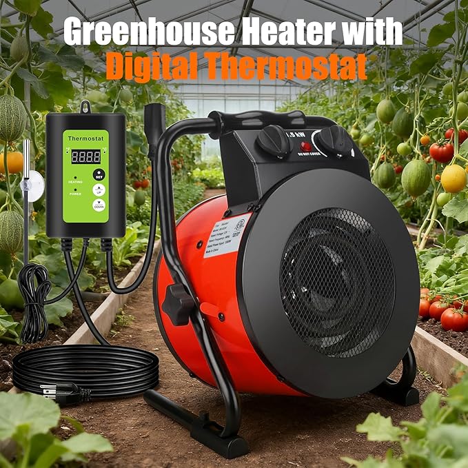 Greenhouse Heater with Thermostat, Outdoor Heaters for Patio, Fast Heating, Overheat Protection, Electric Space Heaters for Winter Plants, Grow Tent, Green House, Flower Room, Garage, Patio