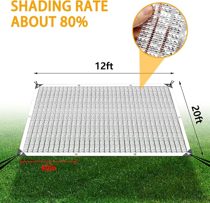 12 x 20 FT Aluminum Shade Cloth for Car, 80% Reflective Sun Protection for Patio Pergola, Shade Sails Cover with Grommets, Silvery Neting for Greenhouse Plants Backyard Dog Chicken Coop Outdoor