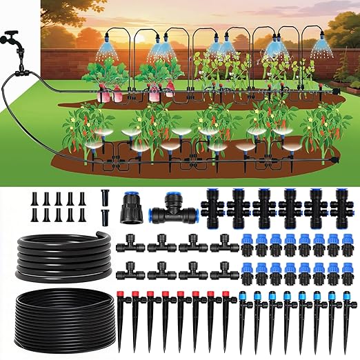 230FT Drip Irrigation System Kit, Quick Push-to-Connect Garden Watering System with 1/2'' & 1/4'' Tubing, Adjustable Drippers & Sprayers, Auto Irrigation System for Raised Bed, Lawn, Greenhouse