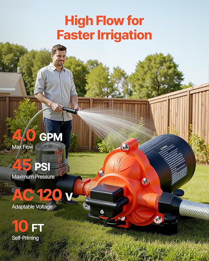 VEVOR Water Pressure Pump, 110V AC 4 GPM, 3-Chamber On Demand Electric Diaphragm Water Transfer Pump, 45 PSI Max Pressure, Automatic Pressure Switch, for Home Kitchen Garden Irrigation Car Washing