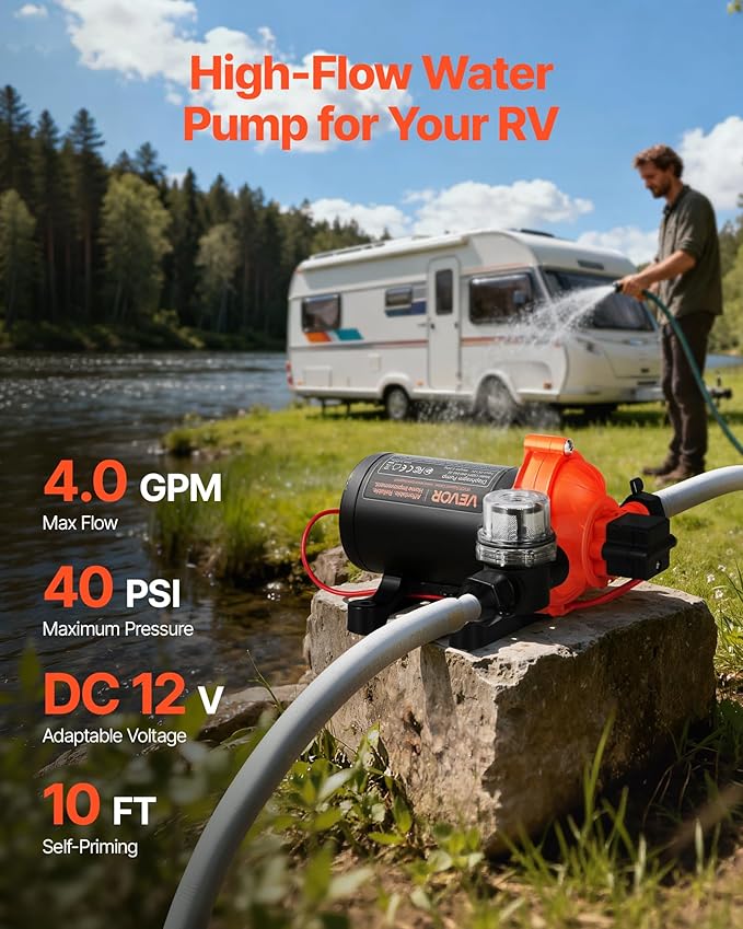 VEVOR RV Water Pump, 12V DC 4 GPM (15.1 L/min), 3-Chamber Self-Priming Diaphragm Water Pump with Automatic Pressure Switch, 40 PSI Max Pressure, On Demand for RV, Caravan, Marine, Yacht, Car Washing
