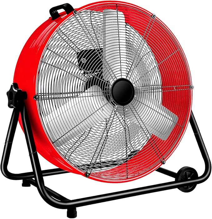 WARMLREC 24" Industrial Floor Fan, 8900 CFM High Velocity Drum Fan with 3 Speeds, Portable Heavy Duty Industrial Fan for Warehouse, Workshop, Factory, Commercial, Residential and Greenhouse Red