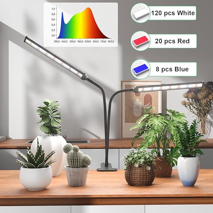 GooingTop Grow Light LED Gooseneck Lamp,Dual-Head White Full Spectrum 148 LED Plant Lamp with Red Blue Light Clip-on Desk for Indoor Plants Growing,Diming & Auto Timer,Super Bright