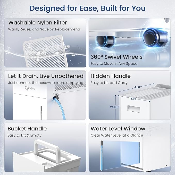 4,500 Sq.Ft Energy Star Most Efficient 2025 Dehumidifier,Vellgoo Max 80 Pint/D Dehumidifier for Basement with Drain Hose, Smart Humidity Control, for Home, Bathroom, Garage