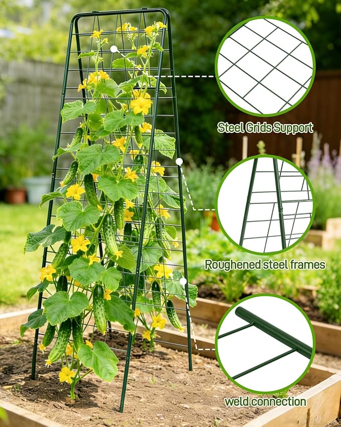 2Pcs 60"x16.2" Heavy Duty Steel A-Frame Garden Trellis for Climbing Plants – Rust-Proof Metal Trellis with Hardware Cloth, Perfect for Raised Beds,Cucumbers,Tomatoes & Outdoor Vines (Green)