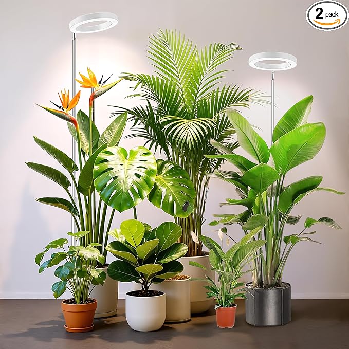 Kullsinss White Grow Light, Full Spectrum LED Plant Lights for Indoor Growing with 6/12/16H Timer, 3 Color Modes, 5 Brightness, 10"-65" Height Adjustable Growing Lamp for Large Indoor Plants, 2 Pack