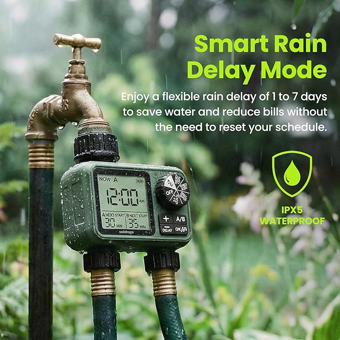 Sprinkler Timer for Garden Hose, Programmable 1 or 2 Outlet Controller with Self-Cleaning Valve, 15-Day Frequency, Large Dial, Rain Delay & Auto-Off, IPX5