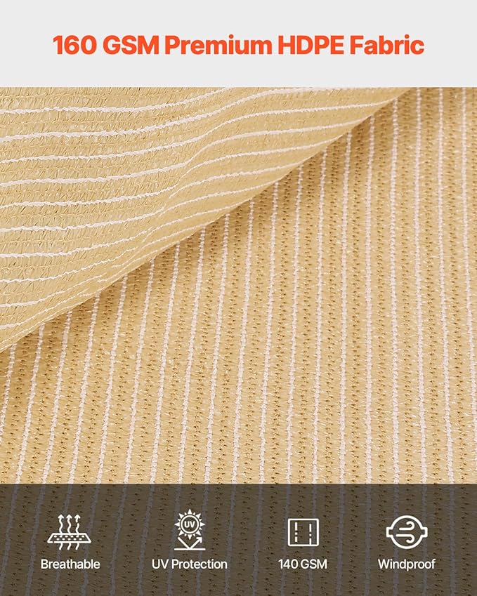VEVOR 90% Sun Shade Cloth, 12 x 20 ft Pergola Shade Cover with Stainless Steel Grommets, Sun Shades Canopy Privacy Screen with 160 GSM HDPE Material, for Outdoor, Patio, Garden, and Backyard (Beige)