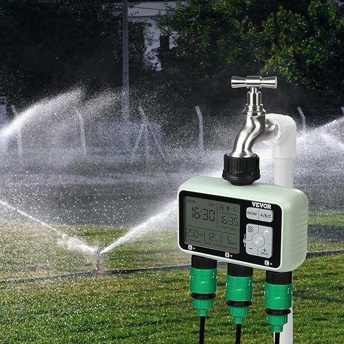 VEVOR Water Timer, 3 Outlets, Hose Watering Sprinkler Timer, with 3 Independent Watering Zone LCD Display Rain Delay Mode Manual Mode 360° Brass Inlet Metal Filter, IPX6 Waterproof for Yard Watering