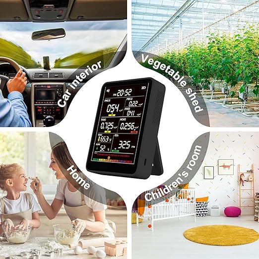 Professional Indoor Air Quality Monitor with AQI Alerts, Portable Real-Time Detector for Home, Car, Plants & Pet (Deep Black)