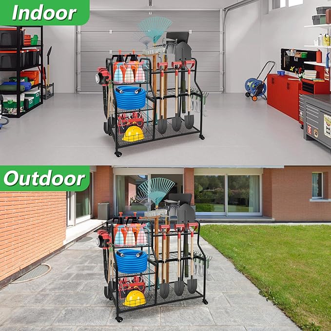 Garden Tool Organizer with 4 Wheels, Garden Tool Rack with 2 Storage Basket, 3 Tier Heavy Duty Utility Garden Tool Storage with 12 Hooks for Yard/Garden/Shed/Garage/Basement/Lawn