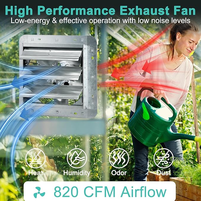 10 Inch Shutter Exhaust Fan with Thermostat and Speed Controller, Wall Mounted Vent Fan for Attic, Greenhouse, Shed, Garage, Chicken Coop, Shop Ventilation, 820 CFM, 1200 SQF Coverage Area