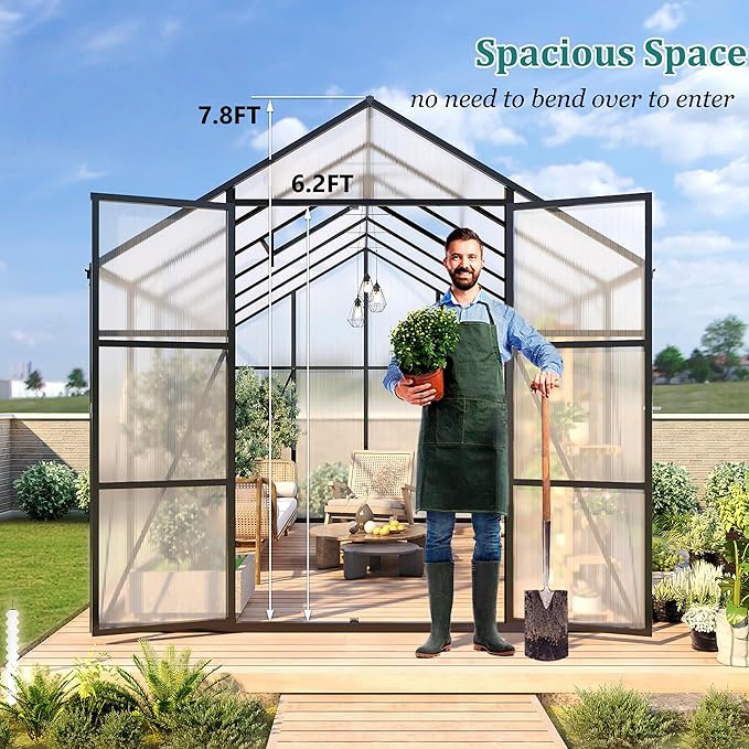 Greenhouse for Outdoors 8x10x7.8FT, Polycarbonate Greenhouse with Stronger Wind Protection and Roof Vent, Walk-in Large Aluminum Sunroom Winter Proof, Black