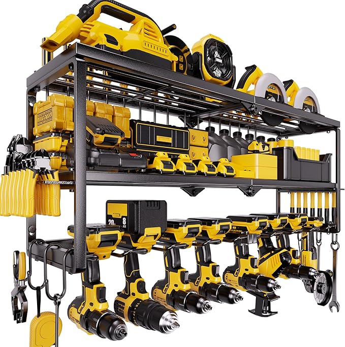 Heavy Duty Power Tool Organizer for Wall Mount Garage Storage – 320 lbs Capacity, 3-Tier Iron Wire Rack with 8 Drill Slots, Shelf for Battery Charging Station – Gift for Dad Handyman