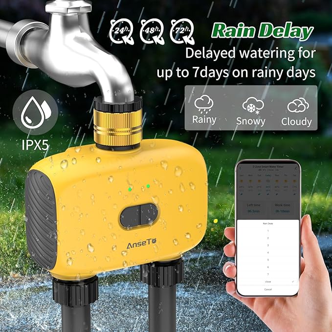 WiFi Sprinkler Timer 2 Zone, Smart Water Timer for Garden with App Remote Control for Travel, Brass Inlet Smart Irrigation System for Outdoor Hose, Patios, Lawns, Flower Bed & Yard Care