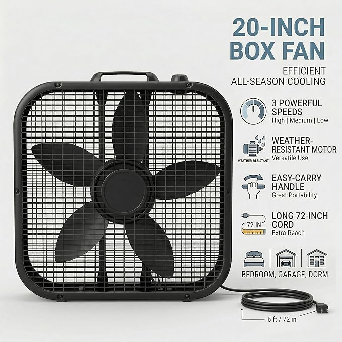 20-Inch Box Fan with Weather-Resistant Motor, 3-Speed Floor and Window Cooling Fan with Plastic Frame, Portable Carry Handle, 72-Inch Cord for Bedroom, Garage, Dorm, Black