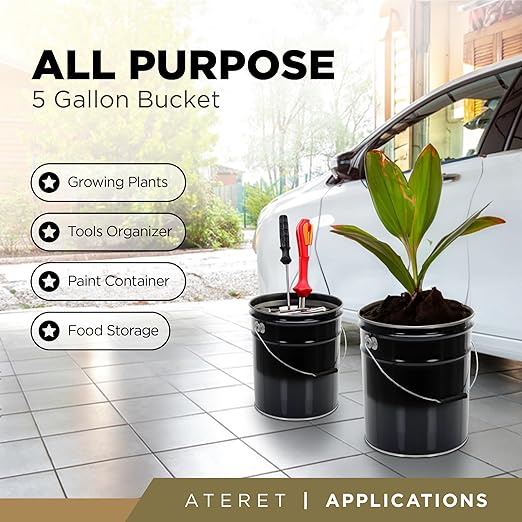 ATERET 5 Gallon Black Metal Bucket & Lever Lock Pail Lid, Heavy Duty Durable Pails and Lids for Outdoor and Household Use