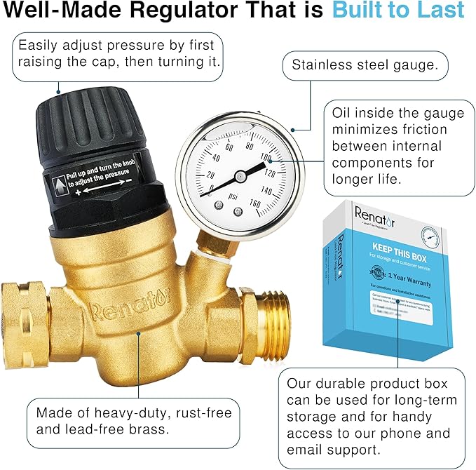 Renator RV Water Pressure Regulator for RV Camper. Brass Lead-free Adjustable Water Pressure Regulator with Gauge for Camper Travel Trailer, Reducer Valve W Filter. M22-0660R.