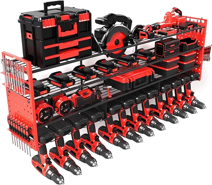 Frizoky 52" Heavy Duty Power Tool Organizer Wall Mount with 12 Drills Holder, 4-Tier Power Tool Storage Rack, DIY Pegboard Side Panels,4 Long Hooks, Garage Metal Tool Shelf for Battery,Drills