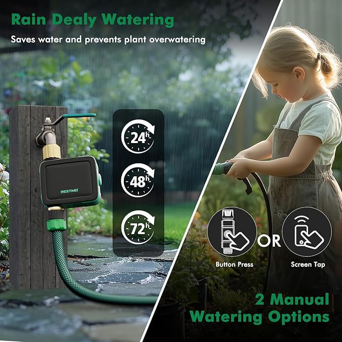 RESTMO Brass Inlet & Outlet Smart Sprinkler Hose Timer with Flow Meter, Water Timer for Garden Hose with APP Remote Control (2.4GHz WiFi Connection), Automatic Drip Irrigation System for Lawn, Yard