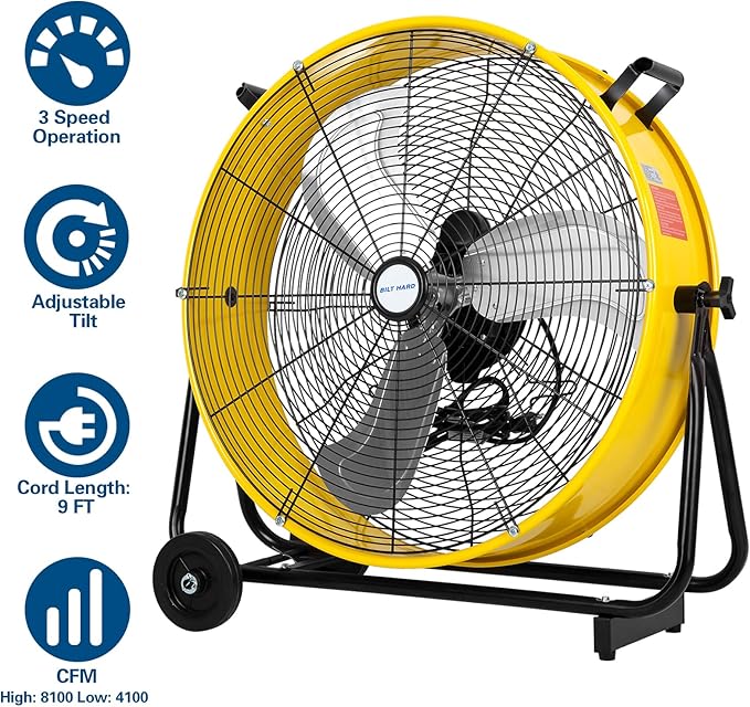 BILT HARD 24" 8100 CFM High Velocity Industrial Drum Fan, 3-Speed Heavy Duty Metal Shop Fan for Garage, Warehouse, Workshops, Factory and Basement, UL Listed