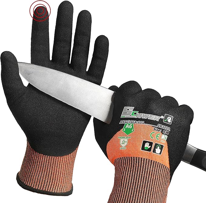 Schwer ANSI A6 Cut Resistant Gloves, CR3709 Cut Proof Work Gloves, Touch-screen Cutting Gloves, 3/4 Dipped Coating for Woodworking, Glass Metal Cutting, Construction, Fishing, M,1 pair