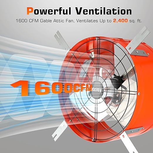 Xcity 14 inch Gable Mount Fan with Adjustable Thermostat, Heavy-Duty Vent Attic Fan, High Velocity 1600 CFM, 2400 sq.ft, Metal Exhaust Ventilator for Garage, Attic, Greenhouse