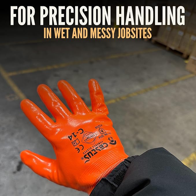 Cestus C-14, 12 Pairs Nitrile Coated Work Gloves for Men, Waterproof Safety Gloves for Fuel Handling, Construction, Warehouse
