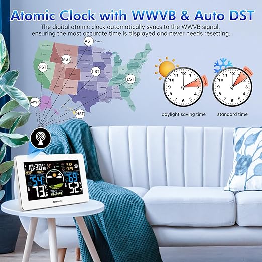 Weather Station Wireless Indoor Outdoor, Digital Thermometer, 7.5'' VA Display Home Weather Stations, Accurate Temperature Humidity Gauge with Weather Forecast, Atomic Clock,White