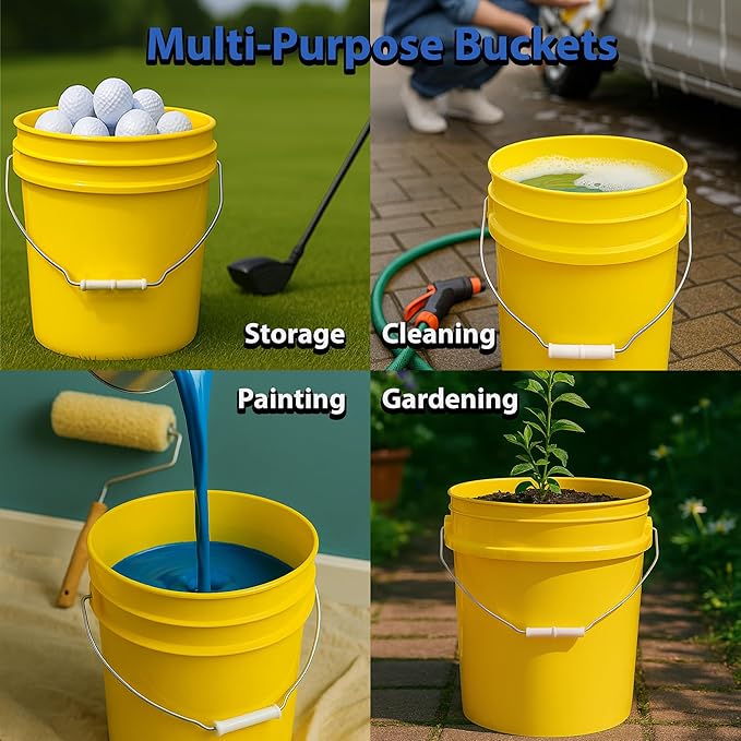 MKS Plastics 5-Gallon Bucket with Airtight Lid – Made in USA, Food Grade BPA Free Plastic, Heavy Duty Multi-Use, Metal Handle with Grip, Stackable Storage – Yellow, 3 Pack