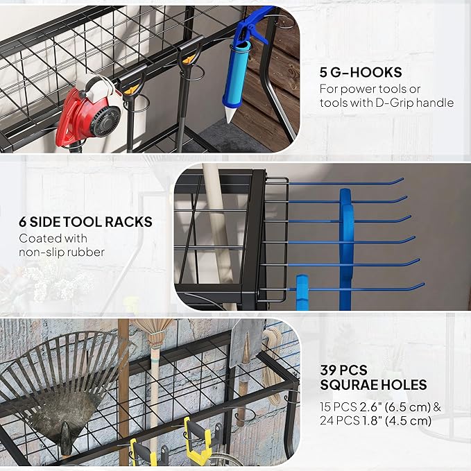 Outsunny Garden Tool Organizer for Garage, 3-Tier Yard Tool Storage Rack with Hooks for Long-Handled, Broom, Shovel, Rake, Metal Garden Tool Storage for Shed, Yard, Garage, Blue