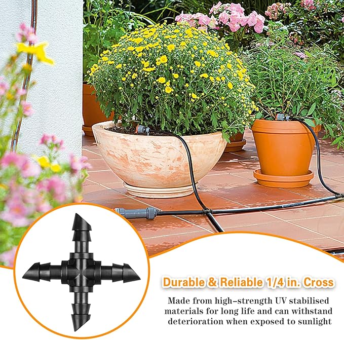 Gardrip Drip Irrigation Cross Fittings: 45 Pieces Barbed 4-Way Cross Irrigation Parts with Sharp End Fits for 1/4 Inch Drip Tubing Line Tee Connectors for Garden Lawn