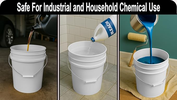 MKS Plastics 5-Gallon Bucket Only – No Lid Included, Made in USA, Food Grade BPA Free Plastic, Heavy Duty Multi-Use, Metal Handle with Grip, Stackable Storage – White, 3 Pack