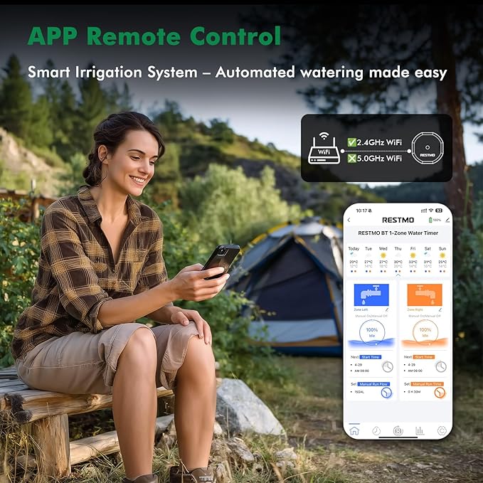 RESTMO Brass Inlet & Outlet Smart Sprinkler Hose Timer with Flow Meter, Water Timer for Garden Hose with APP Remote Control (RF Hub & 2.4GHz WiFi Connection), Automatic Drip Irrigation System for Lawn