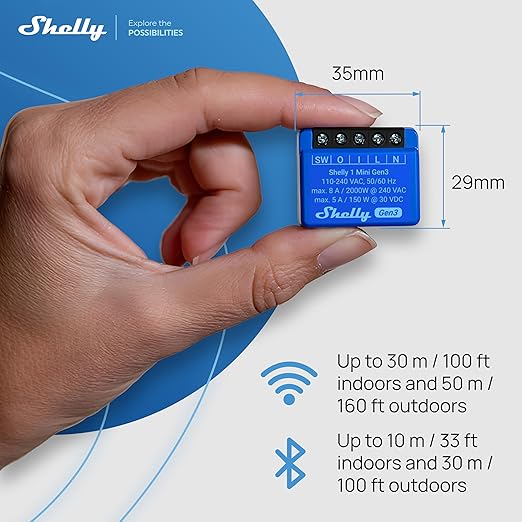 Shelly 1 Mini Gen3, WiFi & Matter Smart Relay Switch with Dry Contacts, 1-Channel 8A, Compatible with Alexa, Home Assistant, SmartThings & Google Home, DYI Garage Door Opener, No Hub Required (2 pack)