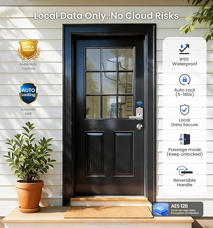 Veise VE029 WiFi Smart Lever Lock, Fingerprint Keyless Entry Door Lock with Handle, Built-in WiFi, Remote App Control, Electronic Digital Knob for Front Door and Bedroom, IP65 Waterproof, Satin Nickel