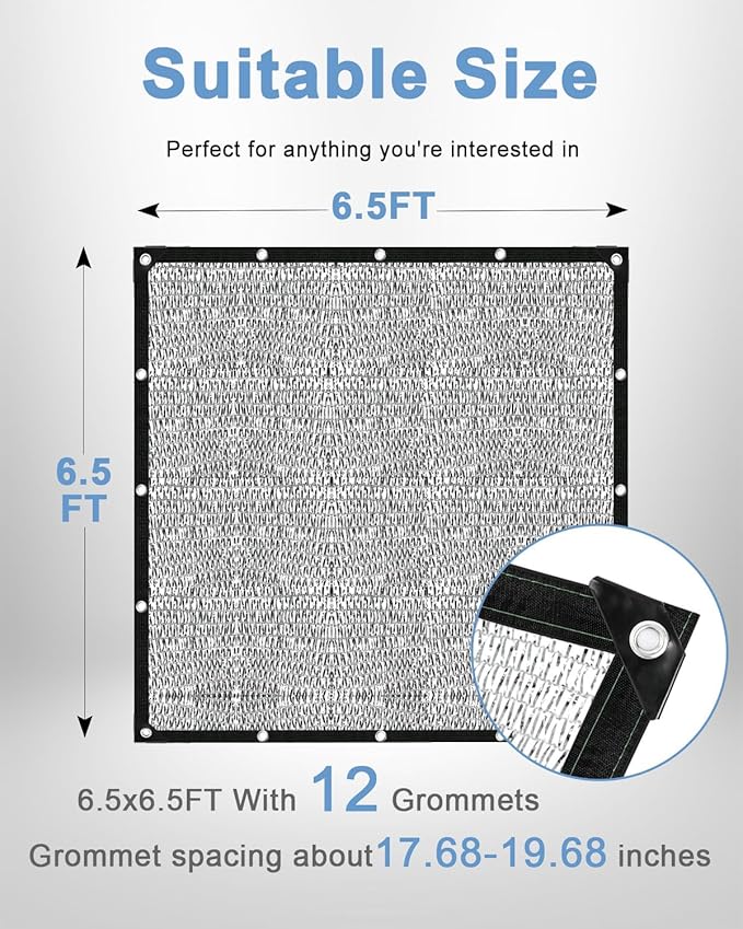 vensovo 50% Aluminum Shade Cloth - Reflective Aluminium Shade Netting Sun Shade Cover with Grommets for Cars, Dogs, Outdoor, RV, Patio (6.5x6.5FT)