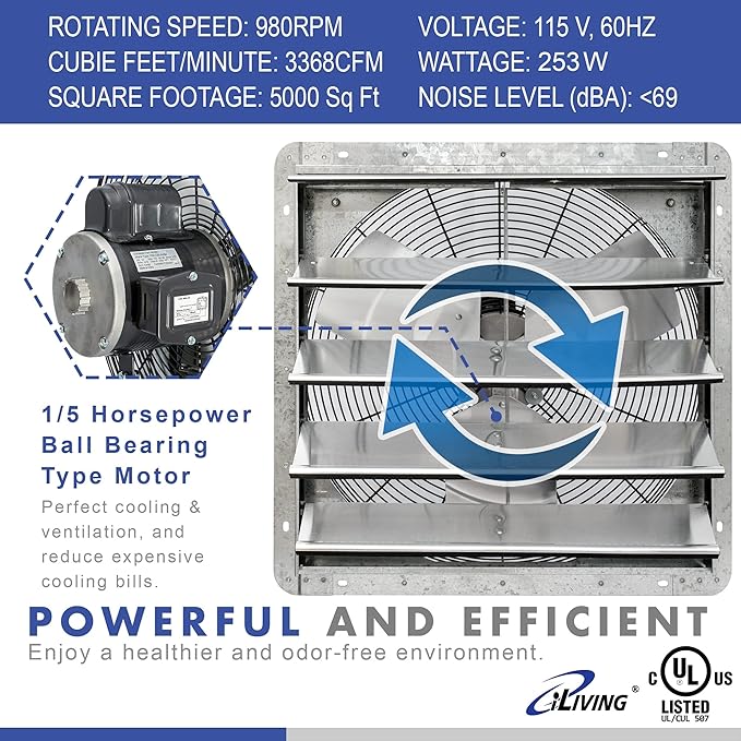 iLIVING 20" Wall Mounted Shutter Exhaust Fan, Automatic Shutter, with Thermostat and Variable Speed controller, 2.2A, 3368 CFM, 5000 SQF Coverage Area Silver (ILG8SF20V-ST)