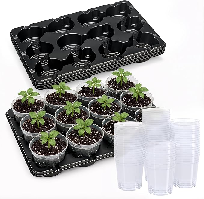 homenote 4 Inch Seed Starting Trays with Clear Nursery Pots, 5-Pack 12-Cell Seedling Starter Trays & 4" Nursery Pots 60 Pcs with Drainage, Plant Starter Germination Trays for Indoor Outdoor Growing