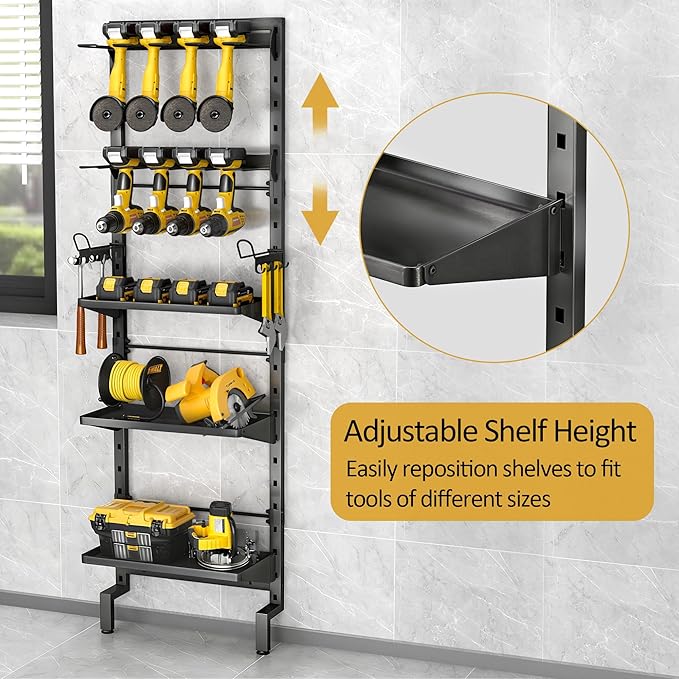BUKFEN Garage Tool Storage Rack, Wall Mount 5-Tier Heavy Duty Metal Organizer with 8 Drill Holder Slots, Adjustable Shelves, Side Hooks Workshop Utility 1 Pack Black Vertical Space-Saving Organization