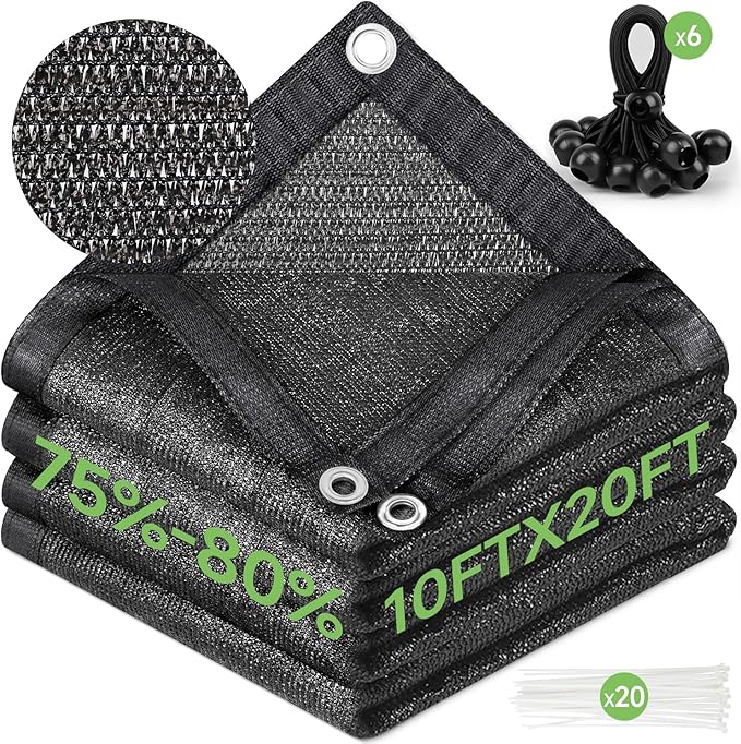 FOTMISHU 75%-80% Shade Cloth 10ftx20ft Heavy Duty Anti-Aging Sun Mesh UV Resistant Net, Sunblock Garden Shade Mesh Tarp for Plant Cover, Barn or Kennel, Flowers, Plants, Used for 3 Years or Even Long