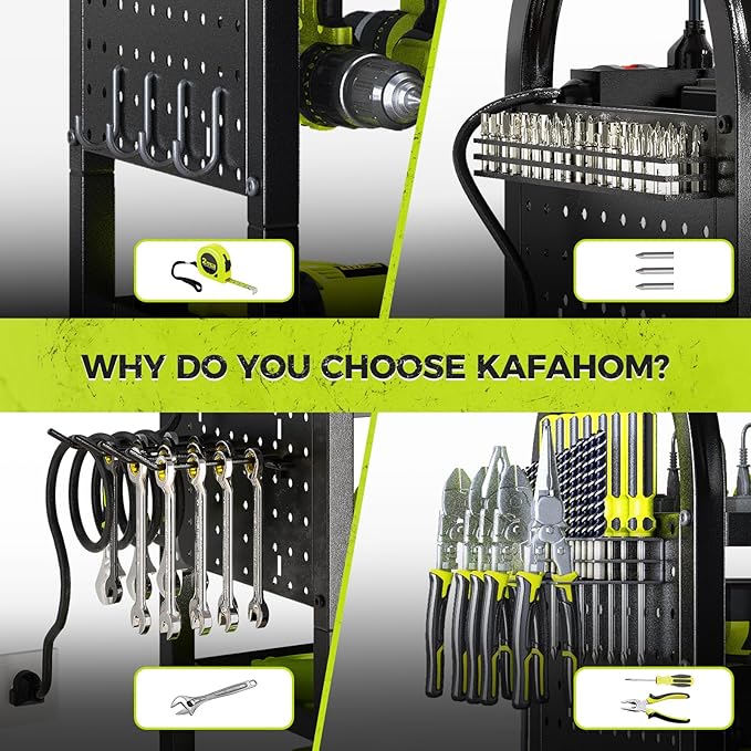 KAFAHOM Power Tool Organizer Cart with Charging Station,Garage Floor Rolling Storage on Wheels for Mechanic,Mobile 8 Drill Holder, Utility Cart with Battery Charging 8 Outlet Power Strip
